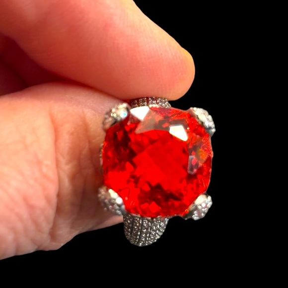 Red Orange Zircon Adjustable Large Statement Ring - Picture 5 of 5